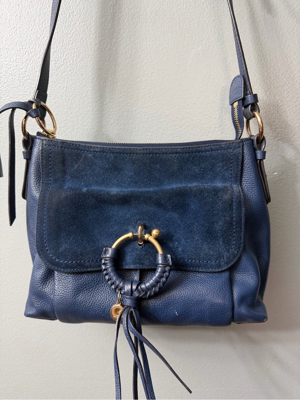 See By Chole Navy Blue Leather and Suede Shoulder Bag